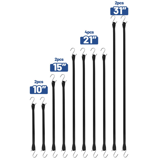 Bungee Cords with Hooks, 10 Pack, 10", 15", 21", 31", EPDM Rubber
