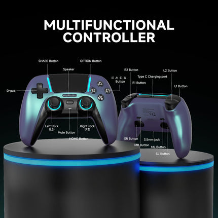 ASRVA Chrome Blue Wireless Pro Controller for PS5,4 Back Buttons,Hall Effect Joystick(No Drift),Micro-Switch,Gyro,Macro,1000mAh,RGB,Compatible with PS5/Pro/Slim/PC/iOS/Android