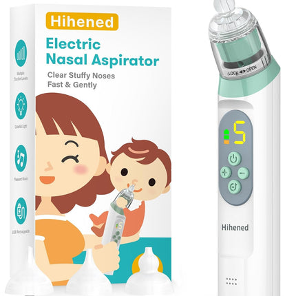Electric Nasal Aspirator for Baby, Nose Aspirator for Toddlers, Waterproof Baby Nose Sucker, Nose Cleaner with 3 Silicone Tips, Adjustable Suction Level, Music and Light Soothing Function,Green