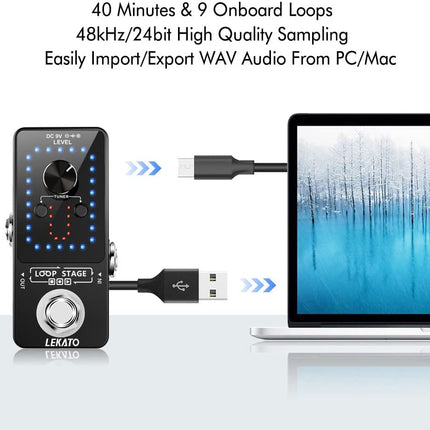 LEKATO Looper Guitar Pedal Guitar Loop Pedal Tuner Pedal 9 Loops 40 Minutes Record Time Unlimited Overdubs for Electric Guitar Bass (Black)