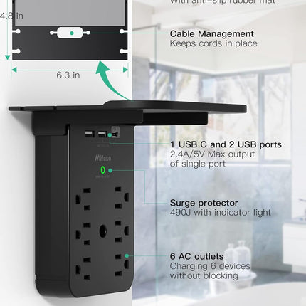 Wall Outlet Extender - Surge Protector 6 AC Outlets Multi Plug Outlet with Shelf, 2 USB and USB C Charging Ports Wall Plug Expander, USB Wall Charger Outlet Splitter for Home (Black)