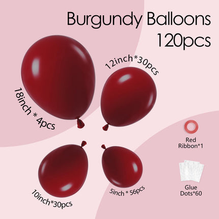 122pcs Burgundy Maroon Latex Balloons in 18 12 10 5 inches