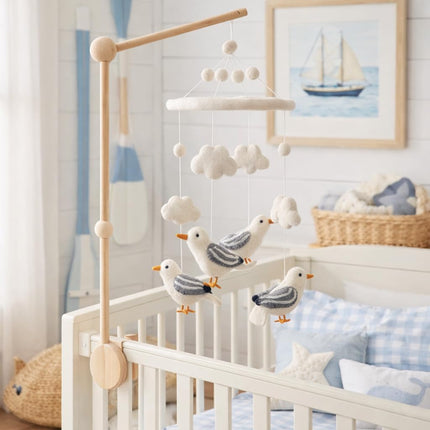 Handmade Felt Seagull Nursery Mobile, Seagull Crib Mobile for Boys & Girls, Boho Nursery Decor, Natural Wool Seagulls Hanging Mobile, Unique Baby Shower Gift, Fair Trade & Handcrafted in Nepal