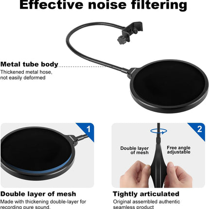 Aokeo Professional Microphone Pop Filter Mask Shield For Blue Yeti and Any Other Microphone,Mic Dual Layered Wind Pop Screen With Flexible 360° Gooseneck Clip Stabilizing Arm
