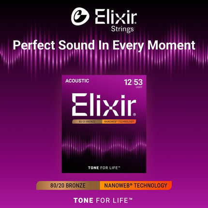 Elixir Strings, Acoustic Guitar Strings, 80/20 Bronze with NANOWEB Technology, Longest-Lasting Bright and Focused Tone For Life with Comfortable Feel, 6 String Set, Light 12-53