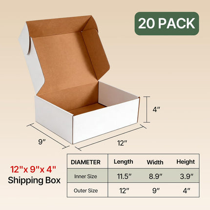 12x9x4 inch Shipping Boxes 20 Pack, White Mailer Corrugated Cardboard Boxes Commerce Packaging Boxes for Storage Book Gifts Craft