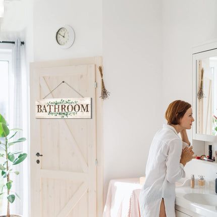 Bathroom Sign Wall Decor, Bathroom Wall Art with Plant Print, Rustic Farmhouse Wall Hanging Plaque Home Bathroom Decorative, 4.7 x 13.7 inches