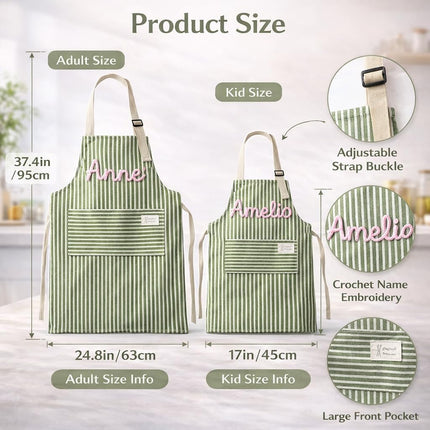 Personalized Mother's Day Apron, Custom Name Embroidered Apron for Women and Kids, Handmade Crochet Striped Kitchen Cooking Apron with Pocket, Unique Gift for Grandma Mom from Daughter Son