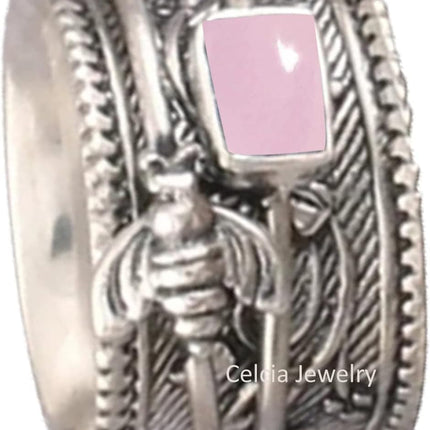 Solid 925 Sterling Silver Honey Bee Spinner Meditation Ring, Natural Abalone Shell Gemstone Ring