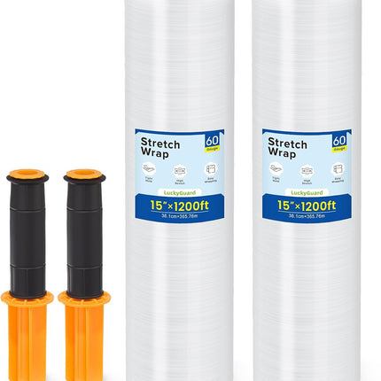Stretch Film Wrap 15 Inch x 1200 Feet Self-Adhering Shrink Wrap Roll with Plastic Handles Industrial Strength up to 500% Stretch Wrap for Moving, Packing, Pallet Wrapping (2 Rolls, 60 Gauge)
