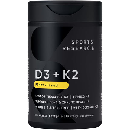 Sports Research Vegan Vitamin D3 5000IU + K2 MK7 100mcg Softgels bottle front view