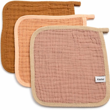 Baby Washcloths, 3-Pack, 100% Cotton Soft Absorbent, 6-Layer Muslin Wash Cloths and Face Towels, Baby Bath Essentials for Newborns, Babies and Toddlers, 8x8 inches (Mocha)