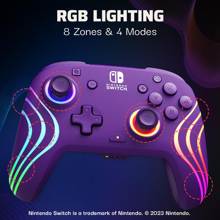 PDP Gaming Afterglow Wave Wireless Nintendo Switch Pro Controller - Officially Licensed, Nintendo Switch 2, Switch Lite/OLED, RGB LED Customization, App Controls, Rechargeable Battery Power - Purple