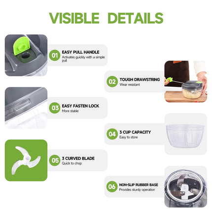 Manual Food Processor Vegetable Chopper, Portable Hand Pull String Garlic Mincer Onion Cutter for Veggies, Ginger, Fruits, Nuts, Herbs, etc., 500ml,（Gray-green）