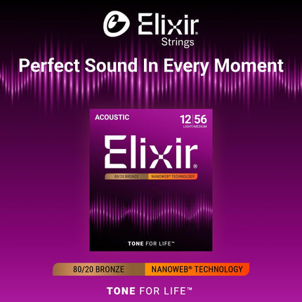 Strings, Acoustic Guitar Strings, 80/20 Bronze with Technology, Longest-Lasting Bright and Focused Tone For Life with Comfortable Feel, 6 String Set, Light/Medium 12-56