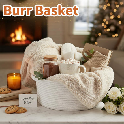 Pro Goleem Small Woven Easter Basket with Gift Bags and Ribbons Durable Burr Baskets for Gifts Empty Small Rope Basket for Storage 12"X 8" X 5" Baby Toy Baskets with Handles, White