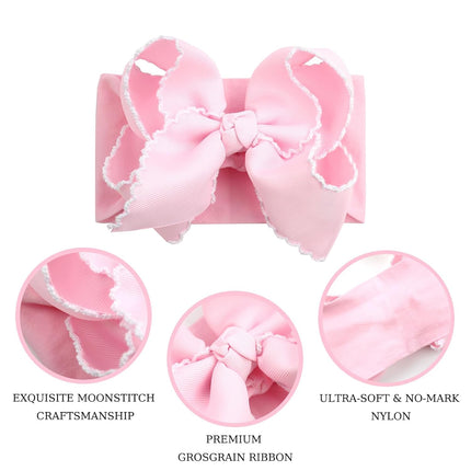 6'' Jumbo Pink Baby Girls Bow Headbands, Handmade Grosgrain Moonstitch Boutique Baby Headwraps, Super Stretchy Soft Nylon Headbands for Newborns, Infants & Toddlers