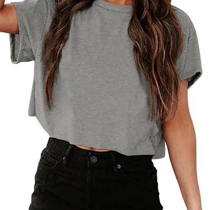 Camisetas cortas de manga corta para mujer, cuello redondo, top básico de verano