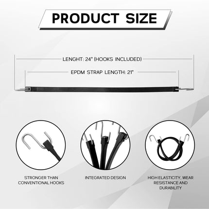 21" Rubber Tarp Straps with 150% Max Stretch, 100% EPDM Bungee Cords with Metal Crimped S Hooks, Ideal for Securing Tarps, Cargo, Canvases, Weatherproof (10 Pack)