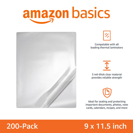 Amazon.com : Amazon Basics Clear Thermal Laminating Plastic Paper Laminator Sheets, 9 x 11.5-Inch, 200-Pack, 2.8mil : Office Products