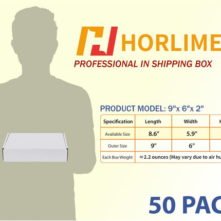 HORLIMER 9x6x2 inches Shipping Boxes Set of 50, White Corrugated Cardboard Box Literature Mailer
