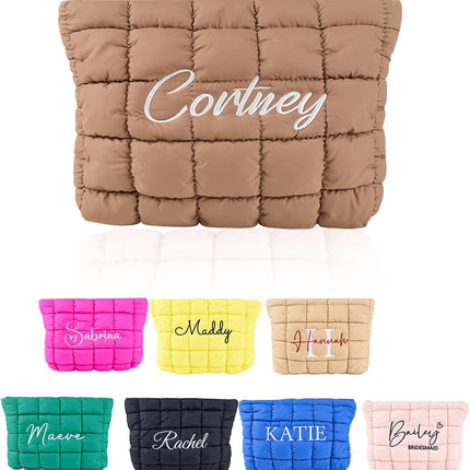 Custom Quilted Makeup Bag for Women Girls, Personalized Embroidered Cosmetic Bags, Customized Travel Pouch Toiletry Organizer for Wedding , Bridesmaid, Bachelorette, Birthday, Morther's Day Gift