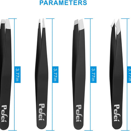 Pefei Tweezers Set - Professional Stainless Steel Tweezers for Eyebrows - Great Precision for Facial Hair, Splinter and Ingrown Hair Removal (Black)