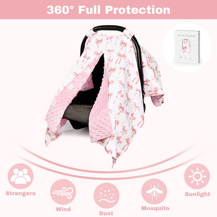 Baby Car Seat Cover, Minky Carseat Cover Baby Girl, Peekaboo Opening Infant Car Seat Cover, Warm Baby Car Seat Canopy for Winter, Pink Bow