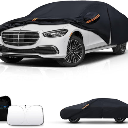 Waterproof Car Cover All-Weather, Heavy-Duty Outdoor Full Exterior Automobiles Snow Cover for Sedan 204-208 inch with Sun Visor,Zippered & Storage Bag - Black