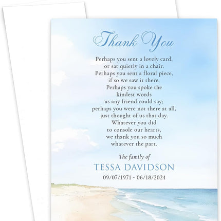 Modern Pink Paper Funeral Thank You Cards Beach Theme, FLAT Memorial Acknowledgement Card Ocean Themed, Sympathy Thank You Notes With Envelopes, Your Choice of Quantity and Envelope Color
