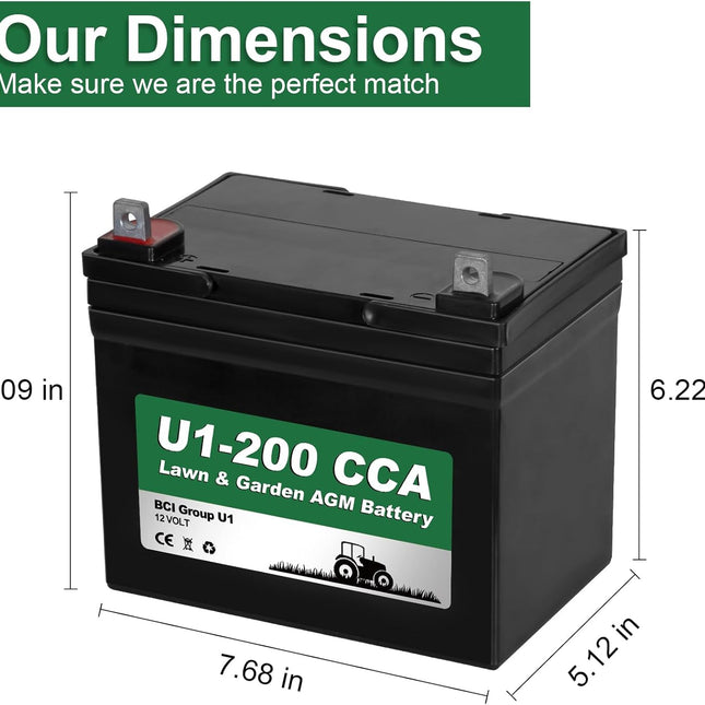 Lawn Garden AGM Battery, 12V 200CCA BCI Group U1 SLA Starting