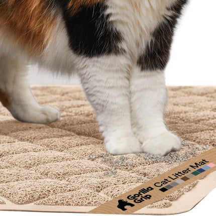 GORILLA GRIP Cat Litter Box Mat, Cushioned Coil Mesh Litter Trapping Mats, Scatter Control Supplies for Less Mess, Phthalate Free, Ultra Deep Catch Grooves, Rinse or Vacuum to Clean, 17x11 Beige