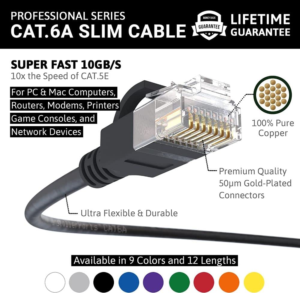 Ethernet Cable CAT6A Slim Cable UTP Booted 9 Inch - Black - Professional Series - 10Gigabit/Sec - photo 2