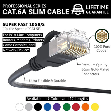 InstallerParts Ethernet Cable CAT6A Slim Cable UTP Booted 1 FT (10 Pack) - Black - Professional Series - 10Gigabit/Sec Network/High Speed Internet Cable, 550MHZ, 28AWG