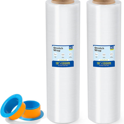 SourcetoHome 18 Inch x 1200 Feet Stretch Film Wrap 80 Gauge Self-Adhering Shrink Wrap Roll with Plastic Holders Industrial Strength up to 800% Stretch Wrap for Moving, Packing, Pallet Wrapping (2 Rolls) - General - front view