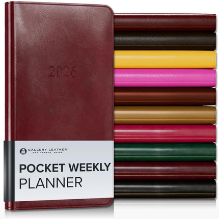Gallery Leather Pocket Weekly Monthly Planner 2025-2026, Elegantly Bound Calendar Planner and Notebook with Stylish Gold-Gilded Page Edges, 12 Months - Acadia Deep Red - 6 x 3.25 "