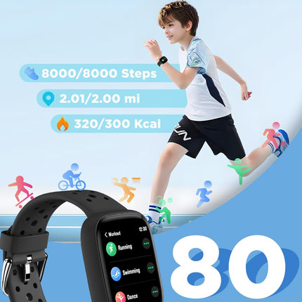 BIGGERFIVE Smart Watch for Kids, 1.8" Fitness Tracker Watch Pedometer, Heart Rate, Sleep Monitor, IP68 Waterproof, Calorie Step Counter, Puzzle Games with/Without APP for Girls Boys Teens 5-16, Black