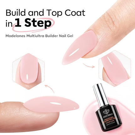 modelones Builder Nail Gel,No Top Coat Needed Builder for Nails Cover Nude, C-Curve Sculpting, Glossy Jelly Finish Nude Pink, No-Wipe, 9-in-One LED Lamp Cured Color Gel Polish for Quick Diy Salon
