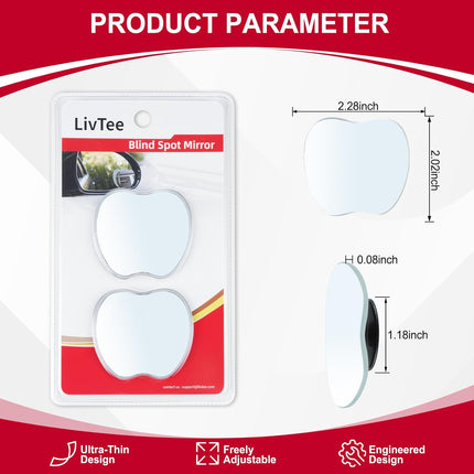 LivTee Blind Spot Mirrors, Apple-Shaped HD Glass Frameless Convex Rear View Mirrors, Wide Angle Adjustable Stick for Side Mirror, Automotive Exterior Accessories for Car, SUV & Trucks, Pack of 2