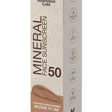 Australian Gold SPF 50 Tinted Mineral Face Sunscreen, Medium to Tan, 2.5 fl oz, Broad Spectrum, Non-Greasy BB Cream with Blue Light & Sun Protection, 4% Zinc Oxide & Titanium Dioxide, Hypoallergenic