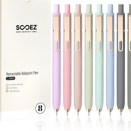 Sooez 8 Pack Ballpoint Pens, 1.0 mm Medium Point Black Ink Pens, Smooth Writing Pen Bulk for Journaling, Soft Grip Cute Pen for Women, Nurse, Office School Supplies, Small Teacher Gifts, Multicolor