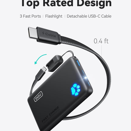 INIU Portable Charger, Ultra Slim 45W Fast Charging with Attached USB C Cable, Flight-Safe 10000mAh PD Power Bank Battery Pack, Travel Essential Phone Powerbank for iPhone 17 16 Samsung S25 Google etc