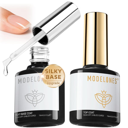 modelones Top Coat Gel Nail Polish, 2 PCS 15 ML Upgrade Silky Pro Base Extra Glossy No Wipe Clear Top Coat Set for Press On Nails Acrylic Soak Off U V LED High Shine Nail Art DIY Manicure Gift