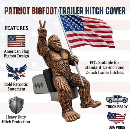 Patriot Bigfoot Trailer Hitch,American Flag Sasquatch Tow Receiver Plug,Bigfoot with Flag Trailer Hitch Cover,Heavy Duty Patriotic Truck Accessory for Truck Owners Patriots Outdoor Men (1, 2 inch)