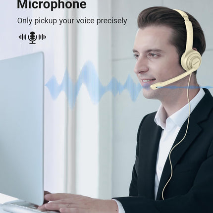 NUBWO HW02 USB Headset with Microphone Noise Cancelling &in-line Control, Ultra Comfort Computer Headset for Laptop pc, On-Ear Wired Office Call Center Headphone for Boom Skype Webinars (Apricot)