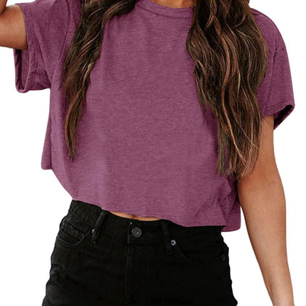 Camisetas cortas de manga corta para mujer, cuello redondo, top básico de verano