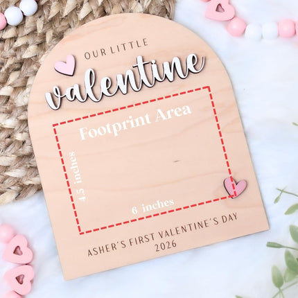 Baby's First Valentine's Day Footprint Art, Personalized Wood Keepsake (Design B)