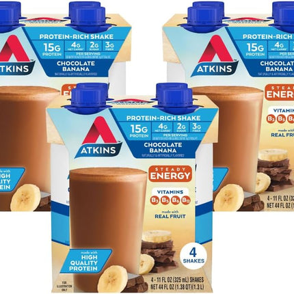 Atkins Chocolate Banana Protein Shake, 15g Protein, 5g Net Carbs, 1g Sugar, Low Carb, High Protein Shake, Banana Breakfast Protein Shake, 4 Pack (11 fl. oz Each)