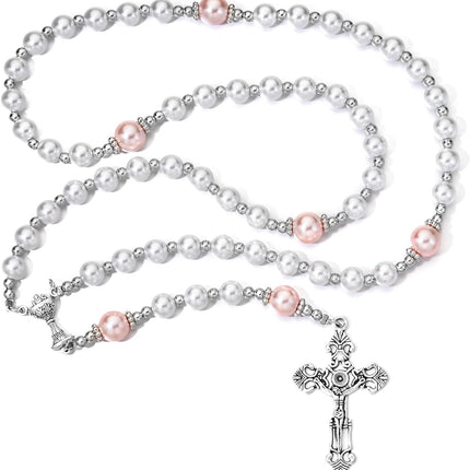 Merroyal First Communion Rosary with Glass Pearl Beads, Ornate Crucifix and Chalice Centerpiece, 18.5 Inches, Gift Box and Satin Bag Included