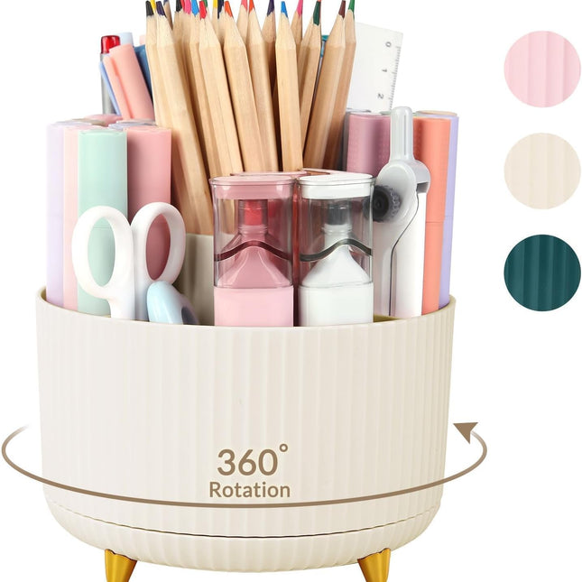 360 Rotating Plastic Desk Pen Organizer with 5 Slots, Dual-Purpose Art Supply Pencil Cup for Office, School, Home